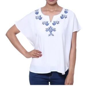 Novica Blue Embroidered Short Sleeve Blouse